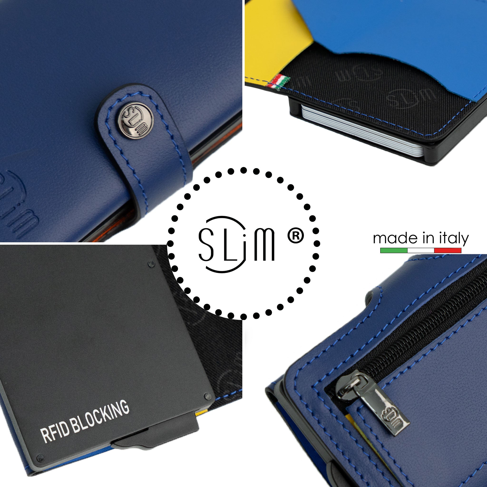 SLim Vera Pelle Portacarte Blu Multicolor con Zip Portamonete