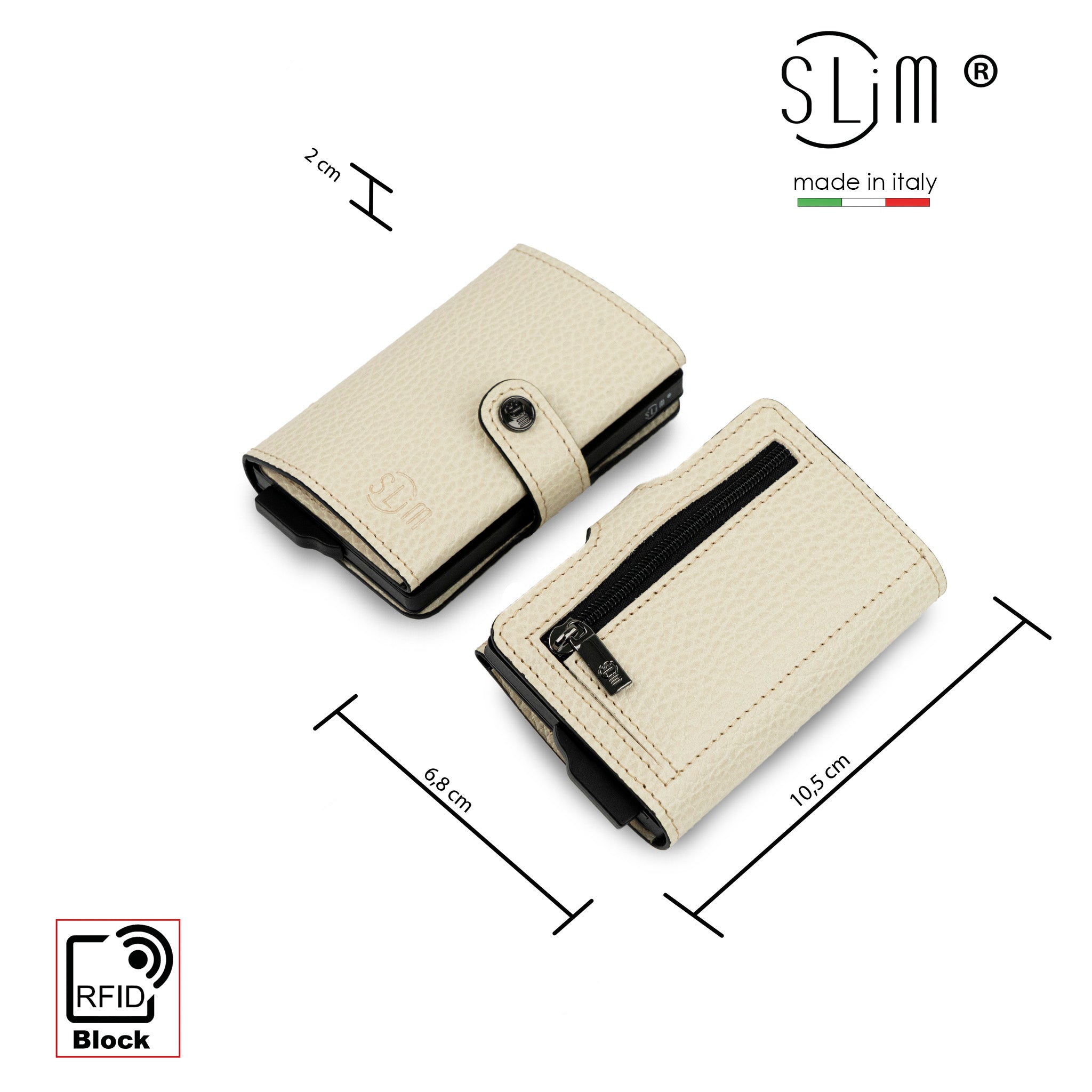 SLim Bottalato Portafoglio Compatto Beige Zip RFID 12 Carte