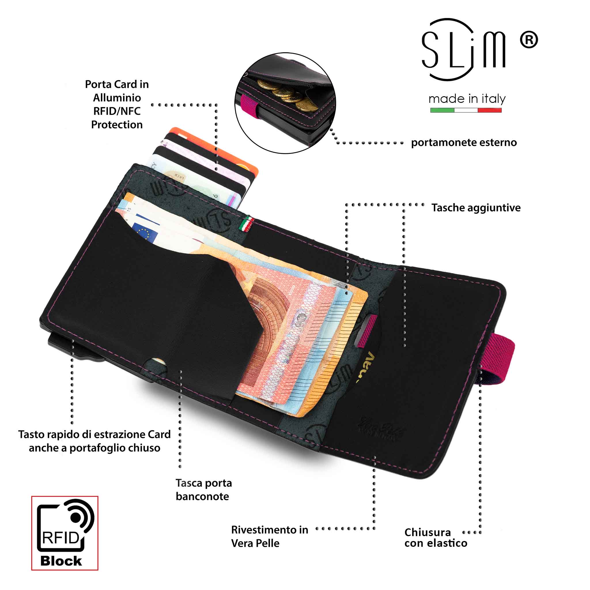 SLim Nero Elastico Fucsia portafoglio zip vera pelle