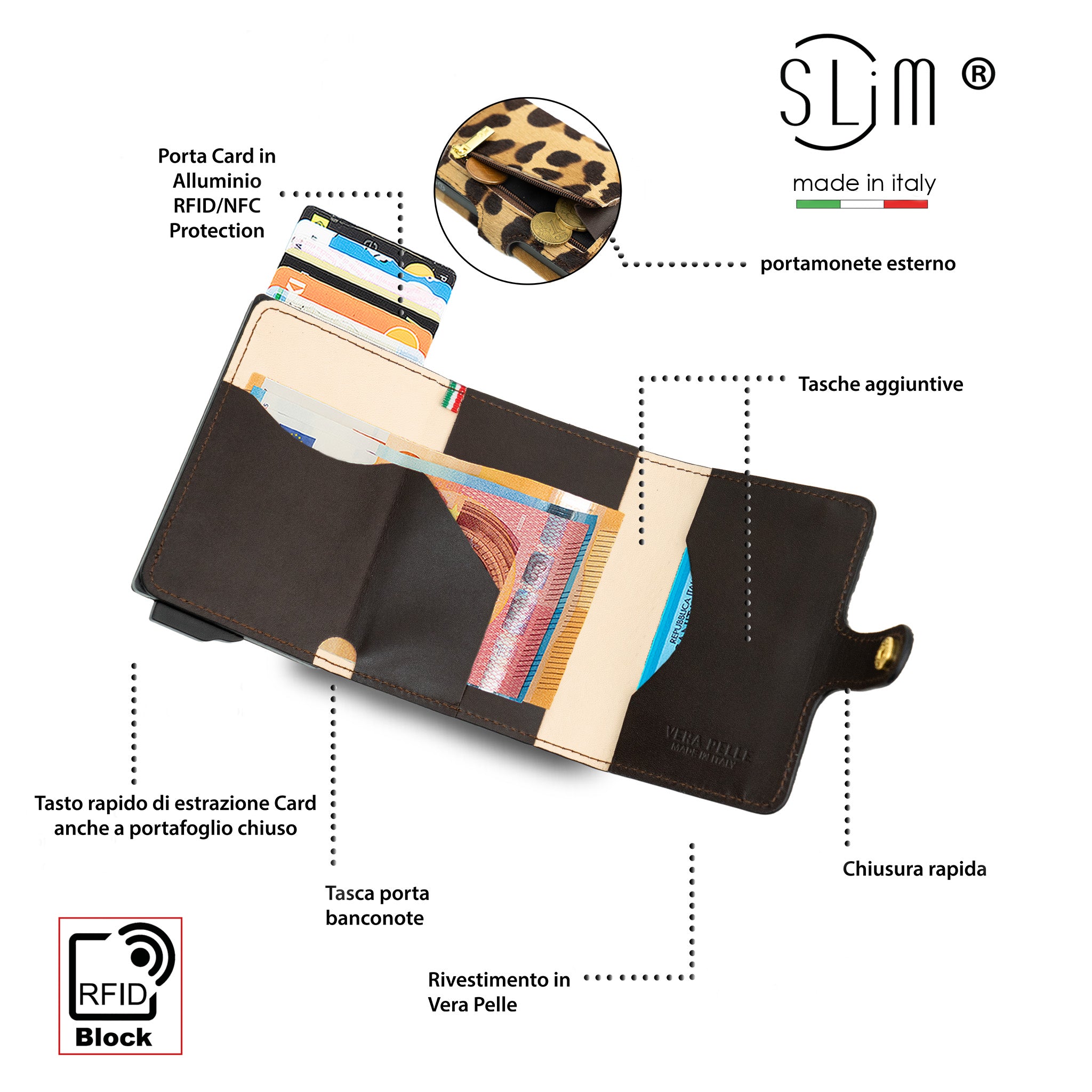SLim Vera Pelle Portafoglio Animalier Cavallino Maculato