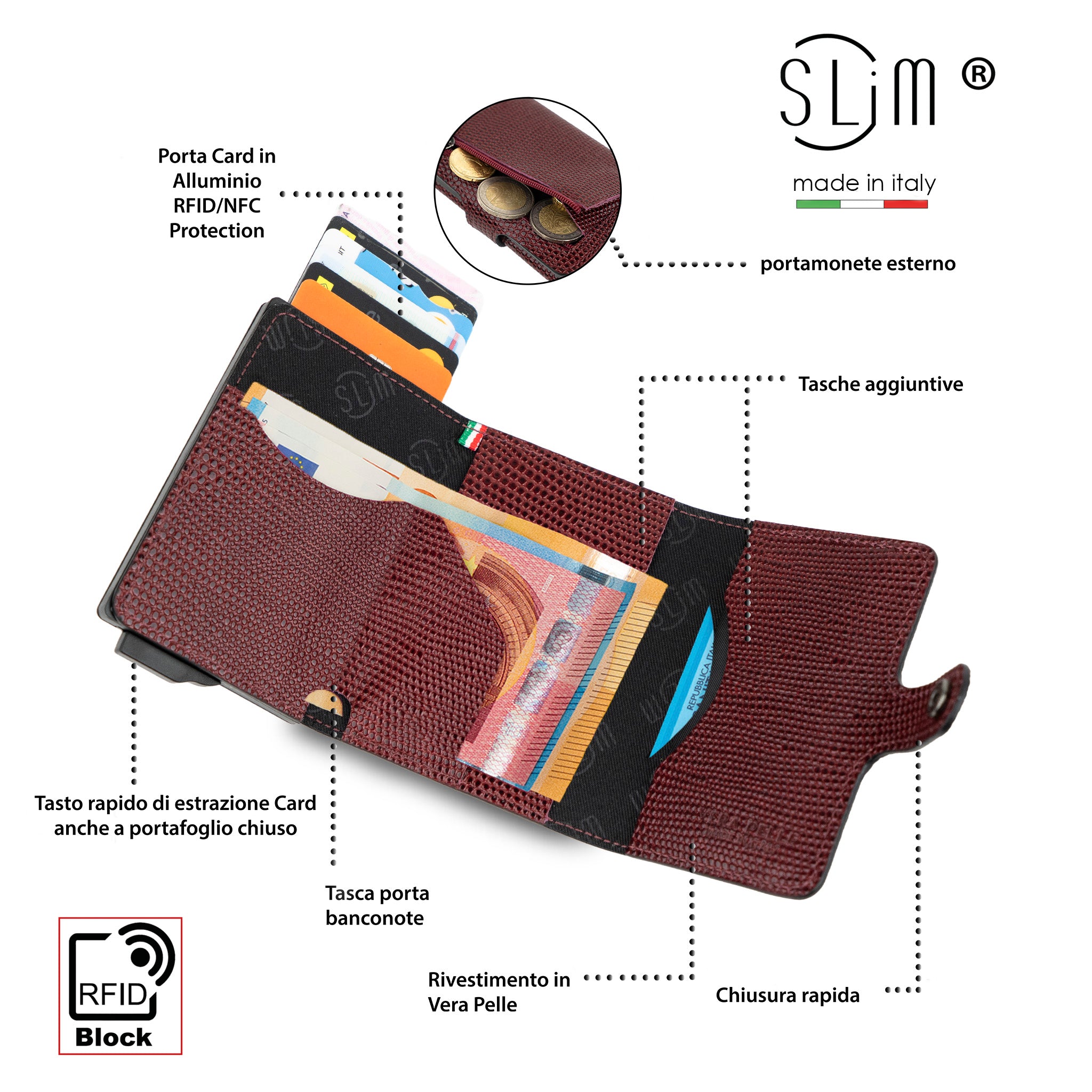 SLim Vera Pelle Tejus Portacarte Bordeaux Antigraffio RFID