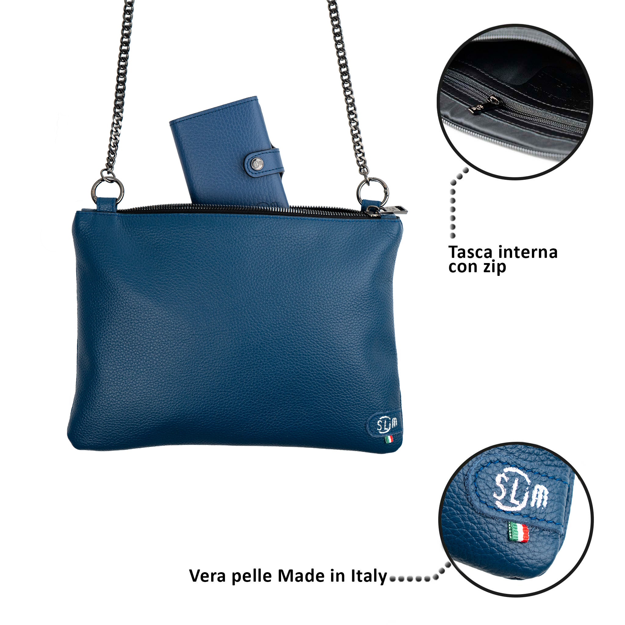 SLim Pochette Tracolla Pelle Bottalato Blu 24x19,5 cm