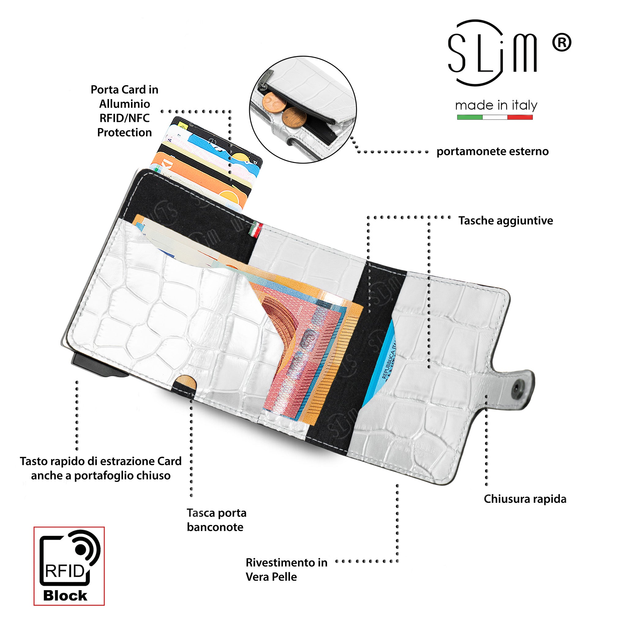 SLim Stampa Cocco Portacarte Pelle Argento RFID 12 Carte