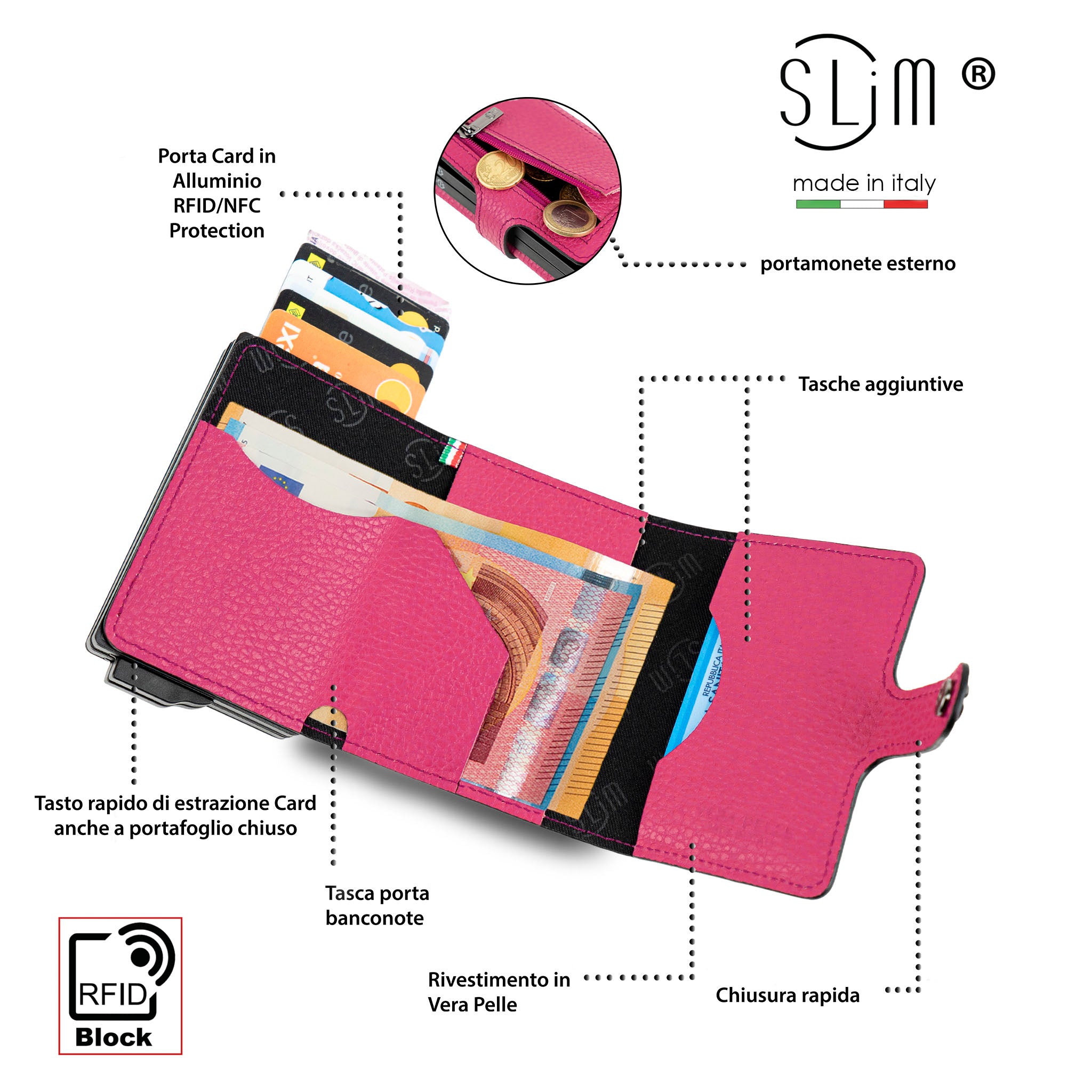SLim Bottalato portafoglio pelle Fucsia doppia cassa