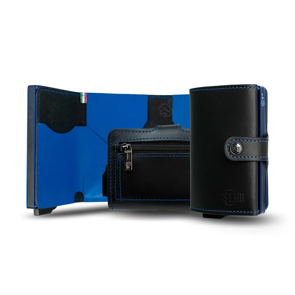 SLim Portacarte pelle nero blu con zip monete RFID