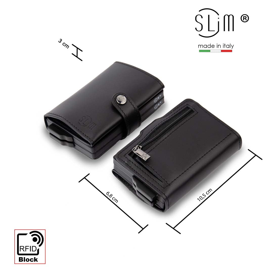 SLim Vera Pelle Nero portafoglio doppia cassa con zip