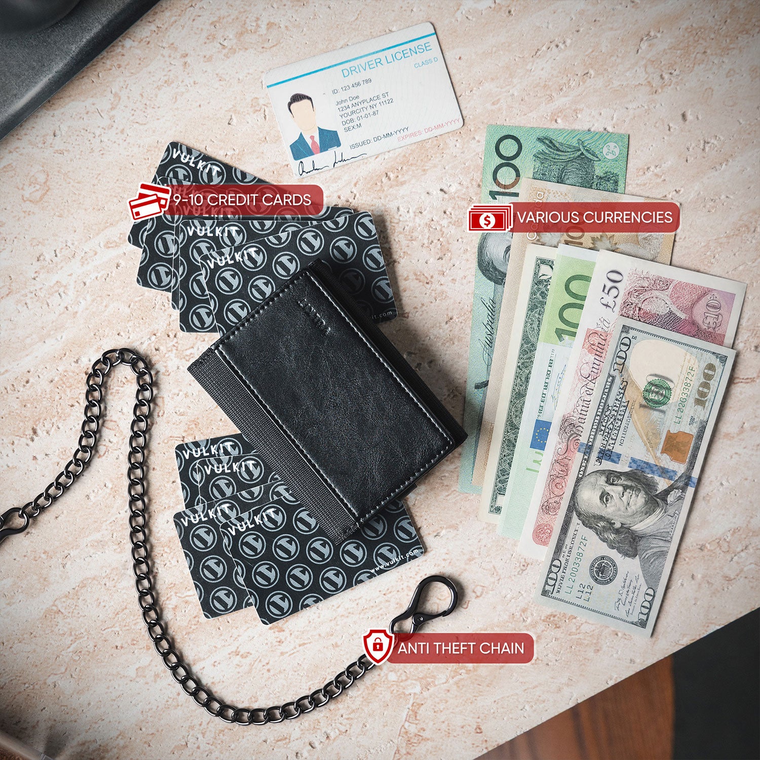 VULKIT VWW158 portafoglio catena RFID nero 10 carte