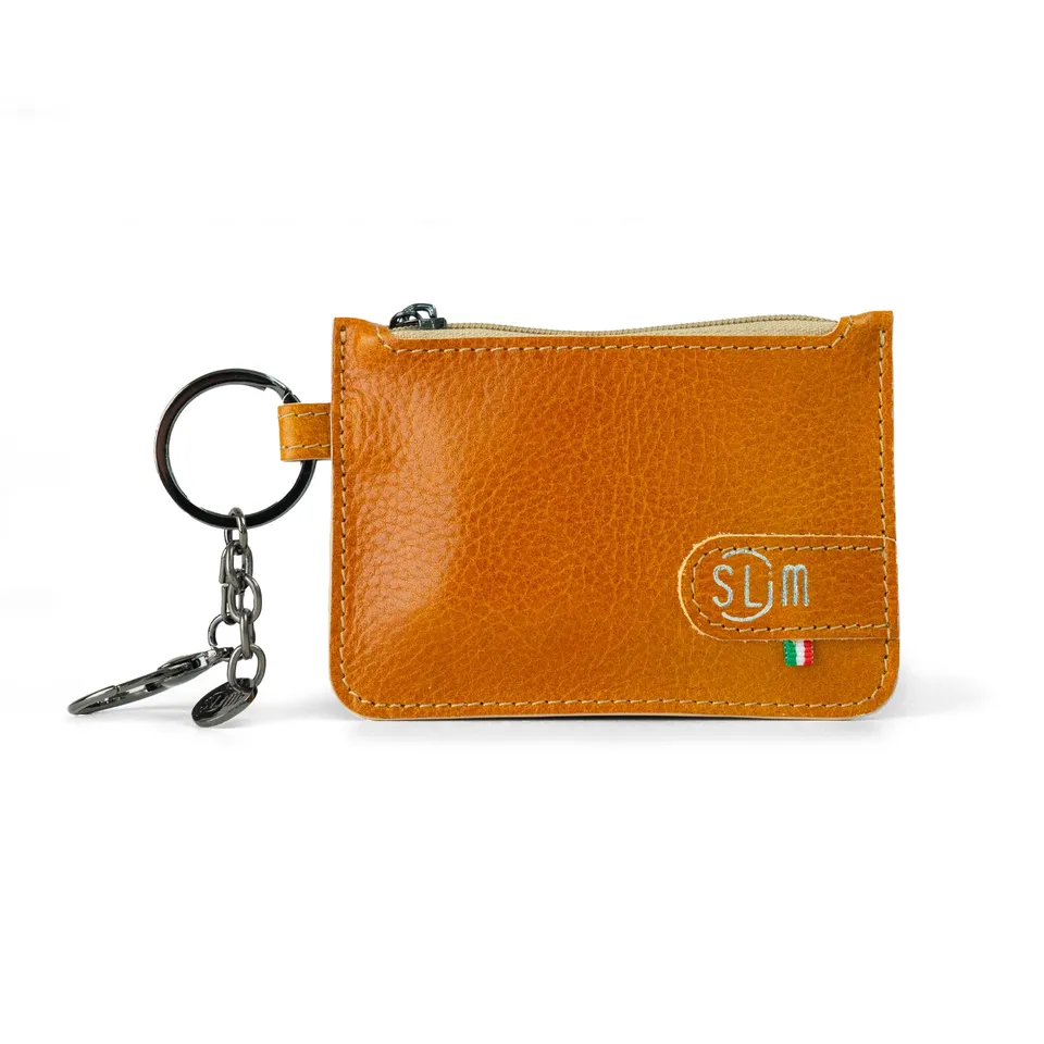 SLim Portachiavi Portamonete Pelle Vegetale Camel 10x7