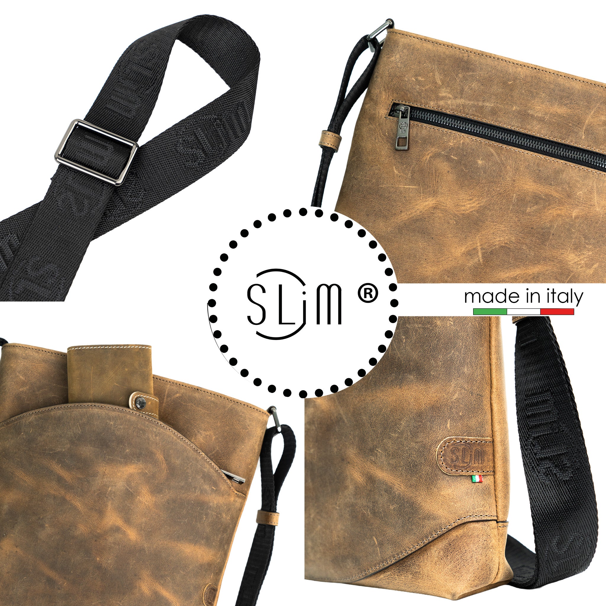 Bag SLim Vera Pelle Crazy Borsa Cuoio Made in Italy