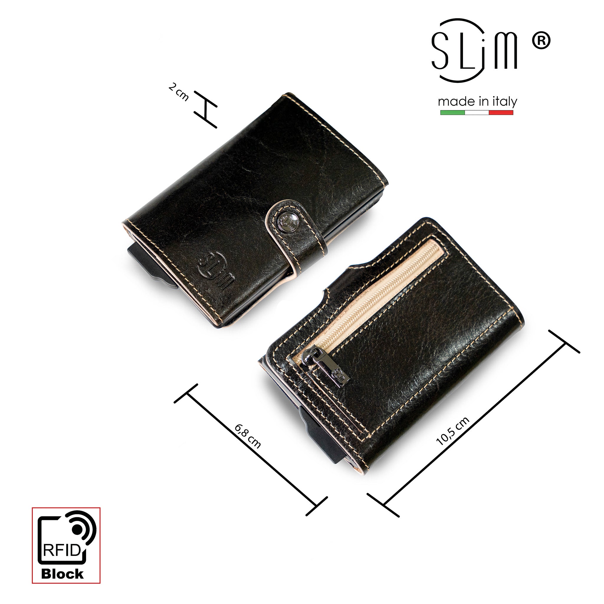 SLim Vera Pelle Portafoglio Testa di moro zip 12 carte RFID