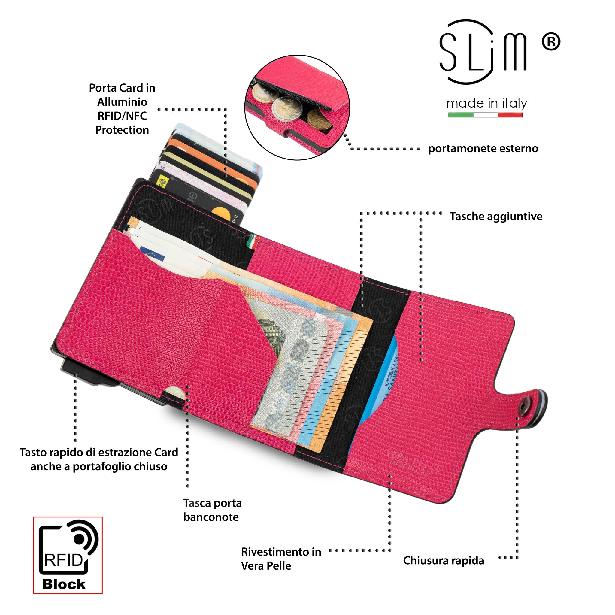 SLim Vera Pelle Tejus portacarte fucsia RFID 12 carte
