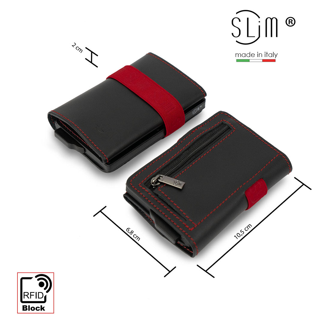SLim Vera Pelle E portafoglio Nero Elastico Rosso zip RFID