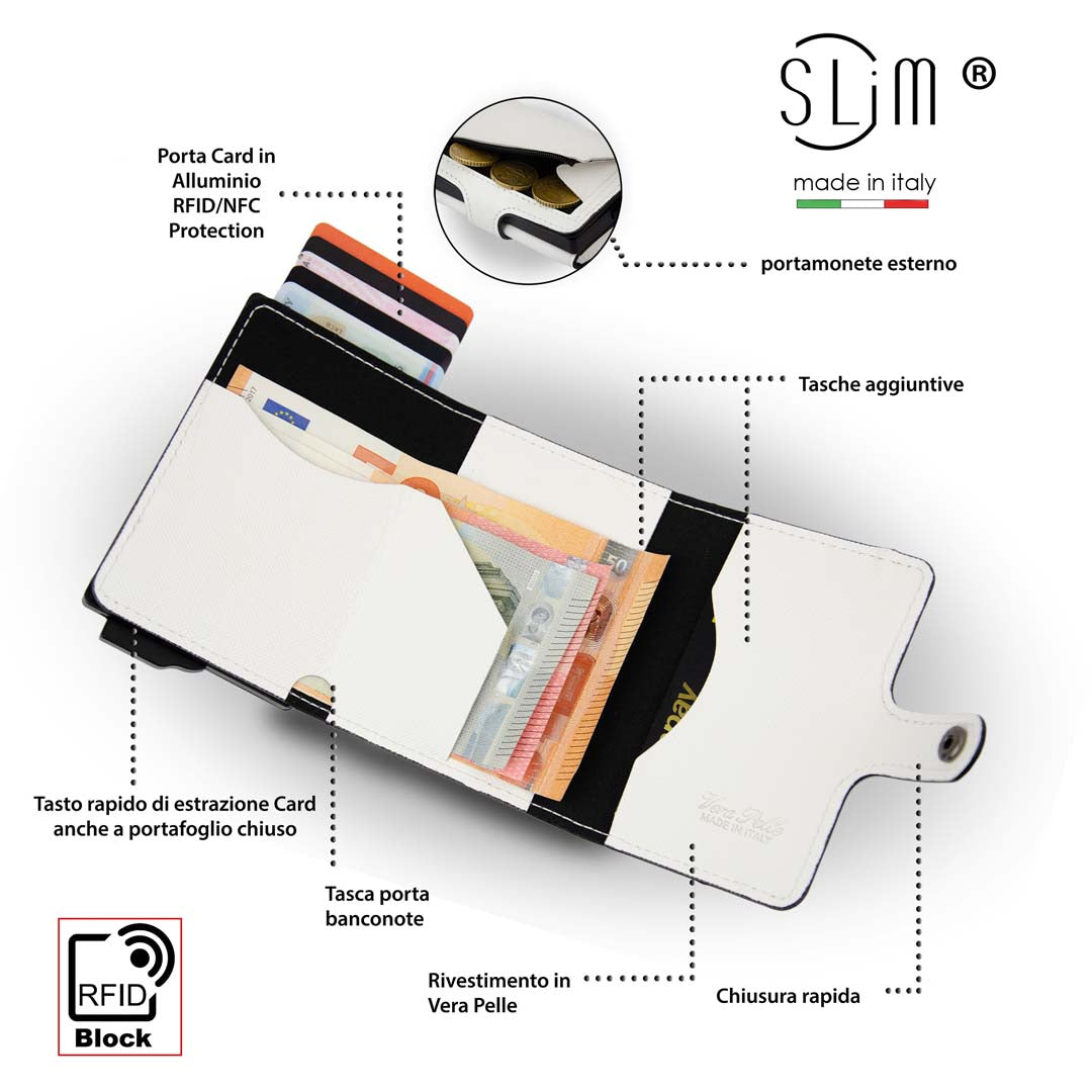 SLim Saffiano portacarte bianco con zip anti graffio RFID
