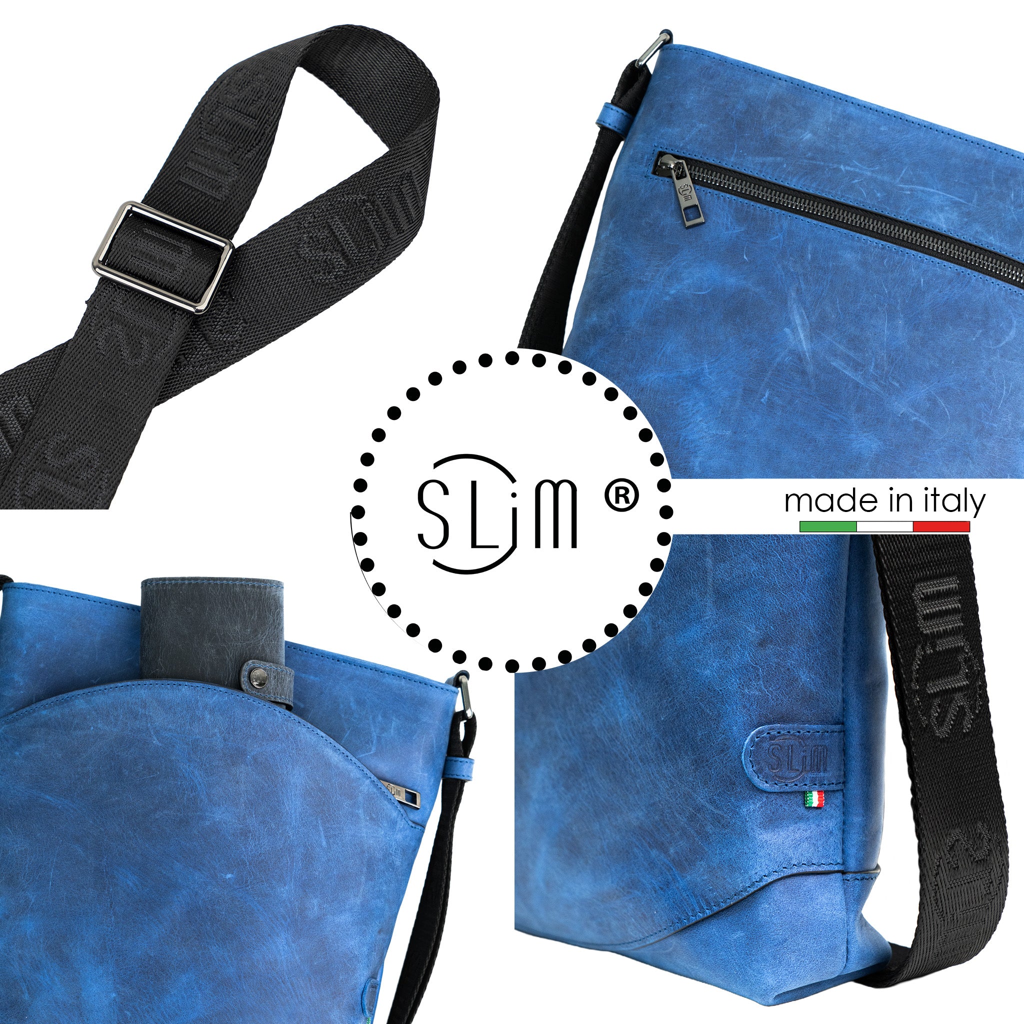 Bag SLim Vera Pelle Crazy Mini Borsa Blu Tracolla