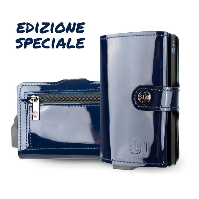 SLim Vera Pelle portafoglio Specchio Blu con Zip 12 carte