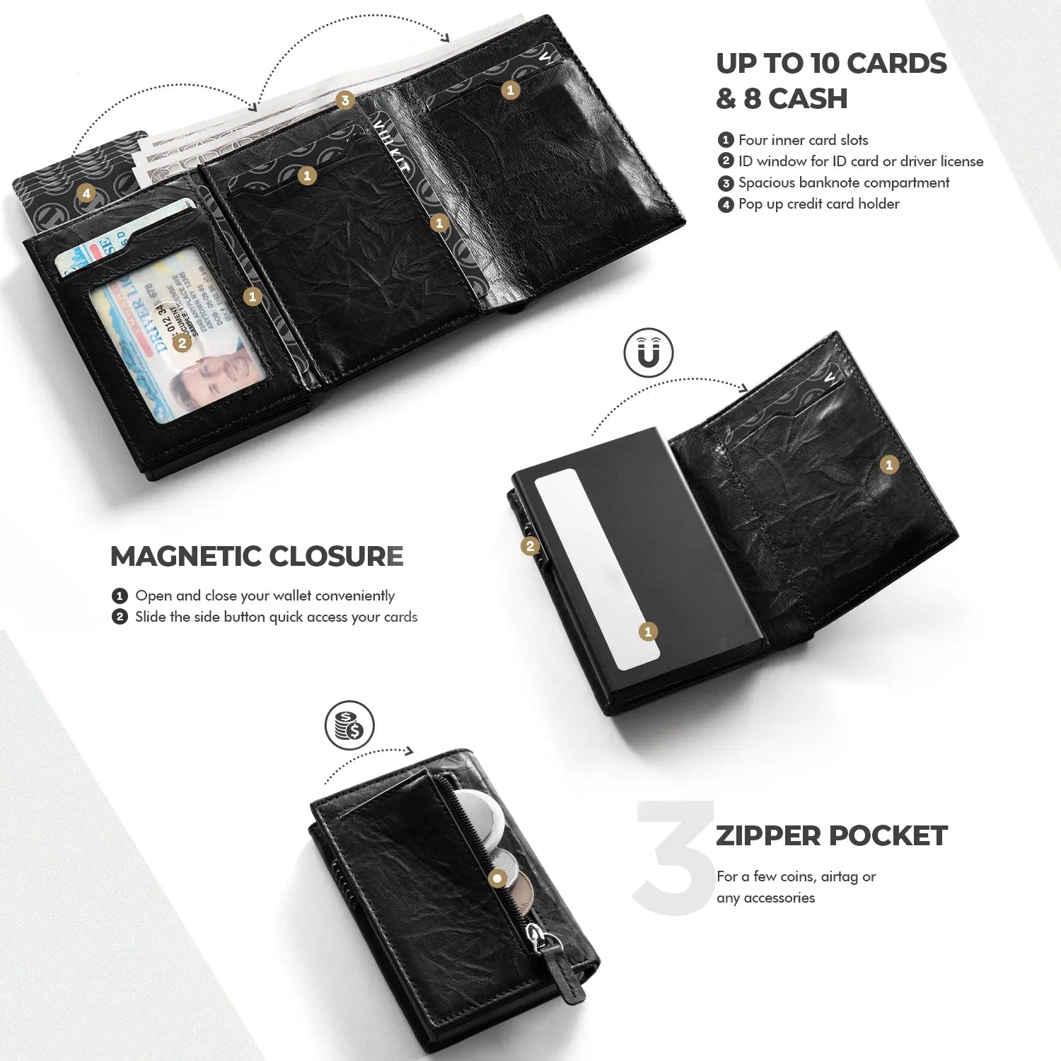 VULKIT Pop Up Wallet VC302P portafoglio pelle nero RFID