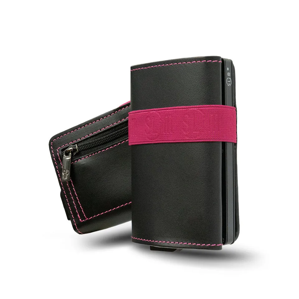 SLim Nero Elastico Fucsia portafoglio zip vera pelle