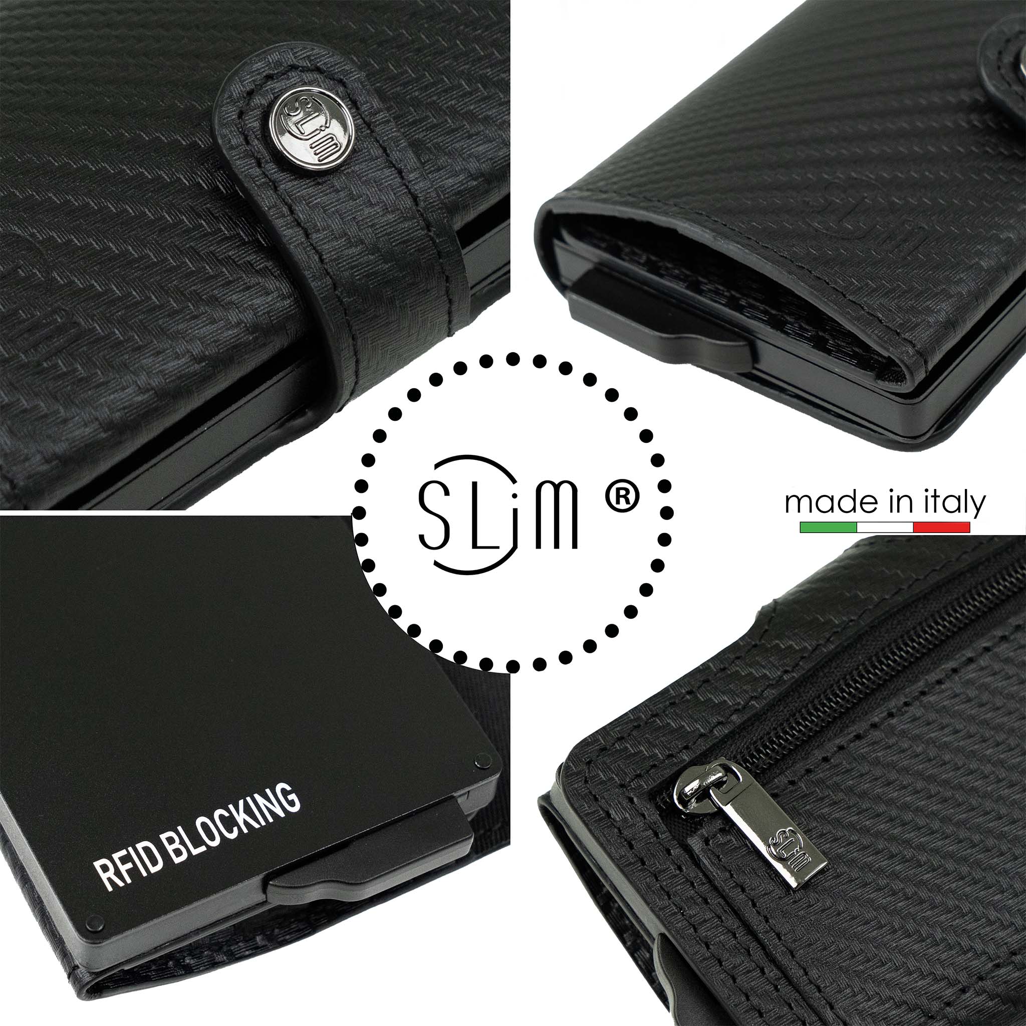 SLim Vera Pelle Carbon Portafoglio Nero Zip RFID