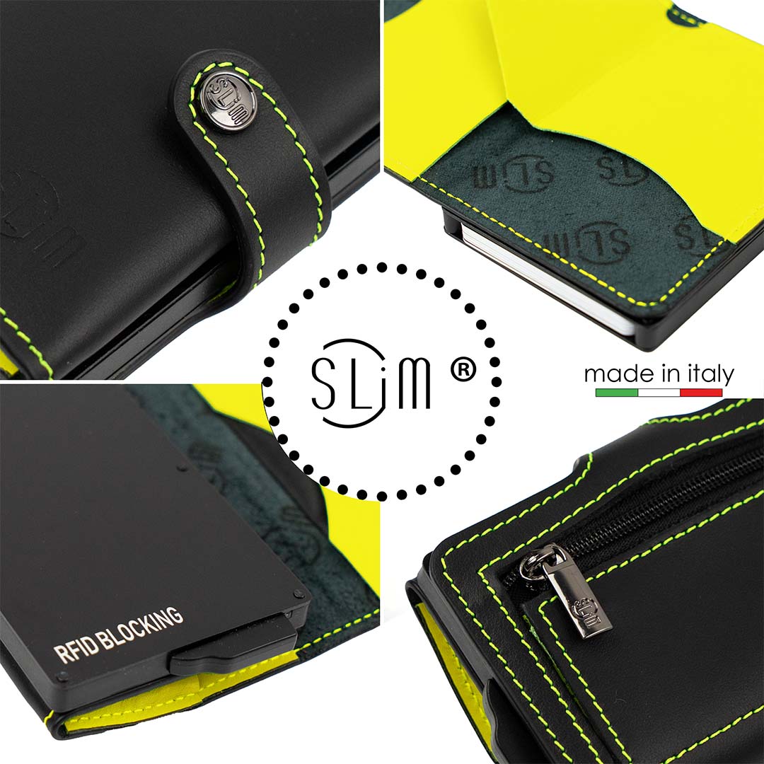 SLim Vera Pelle Nero Lime portacarte zip monete