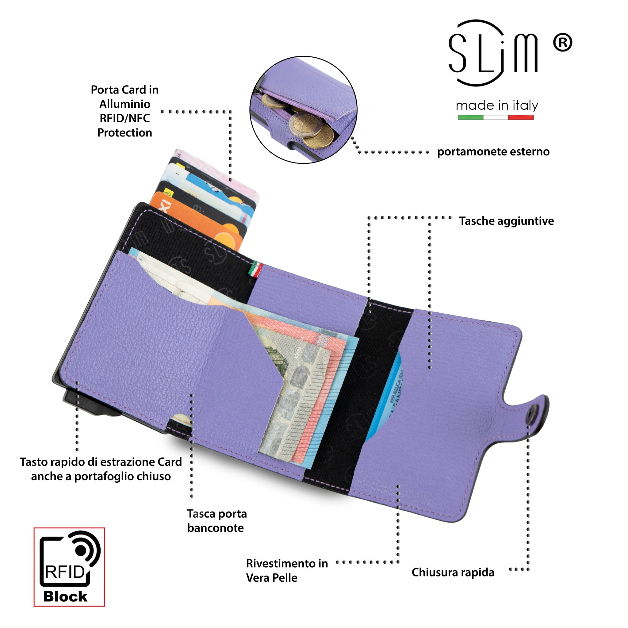 SLim Bottalato Portafoglio Pelle Lilla RFID 12 Carte