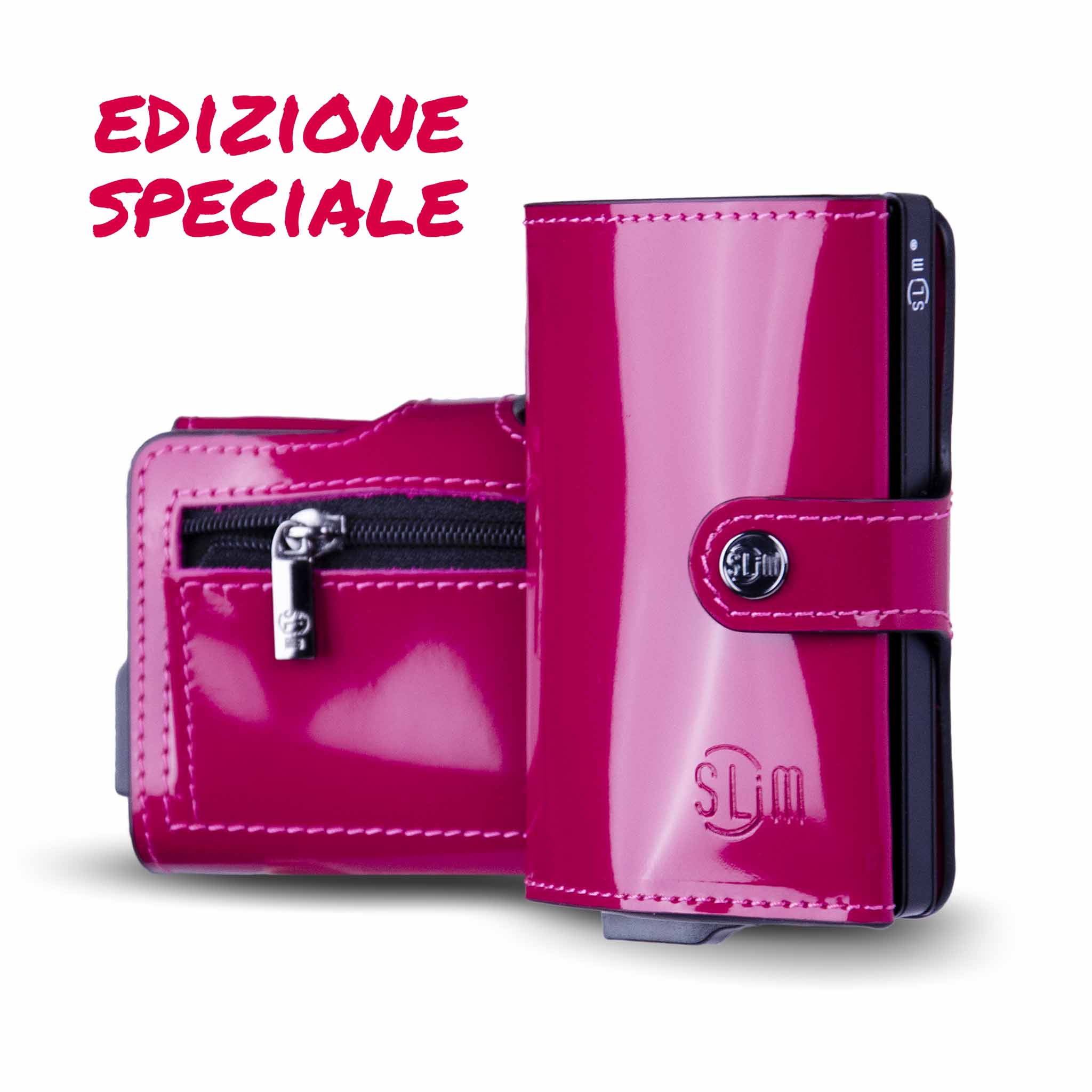SLim Vera Pelle Specchio Portafoglio Compatto Fucsia Zip RFID