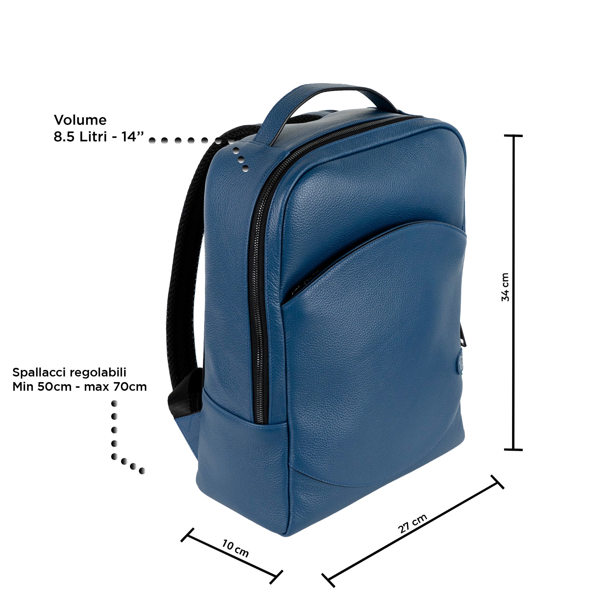 SLim Zaino Medio Vera Pelle Bottalato Blu laptop 14 pollici