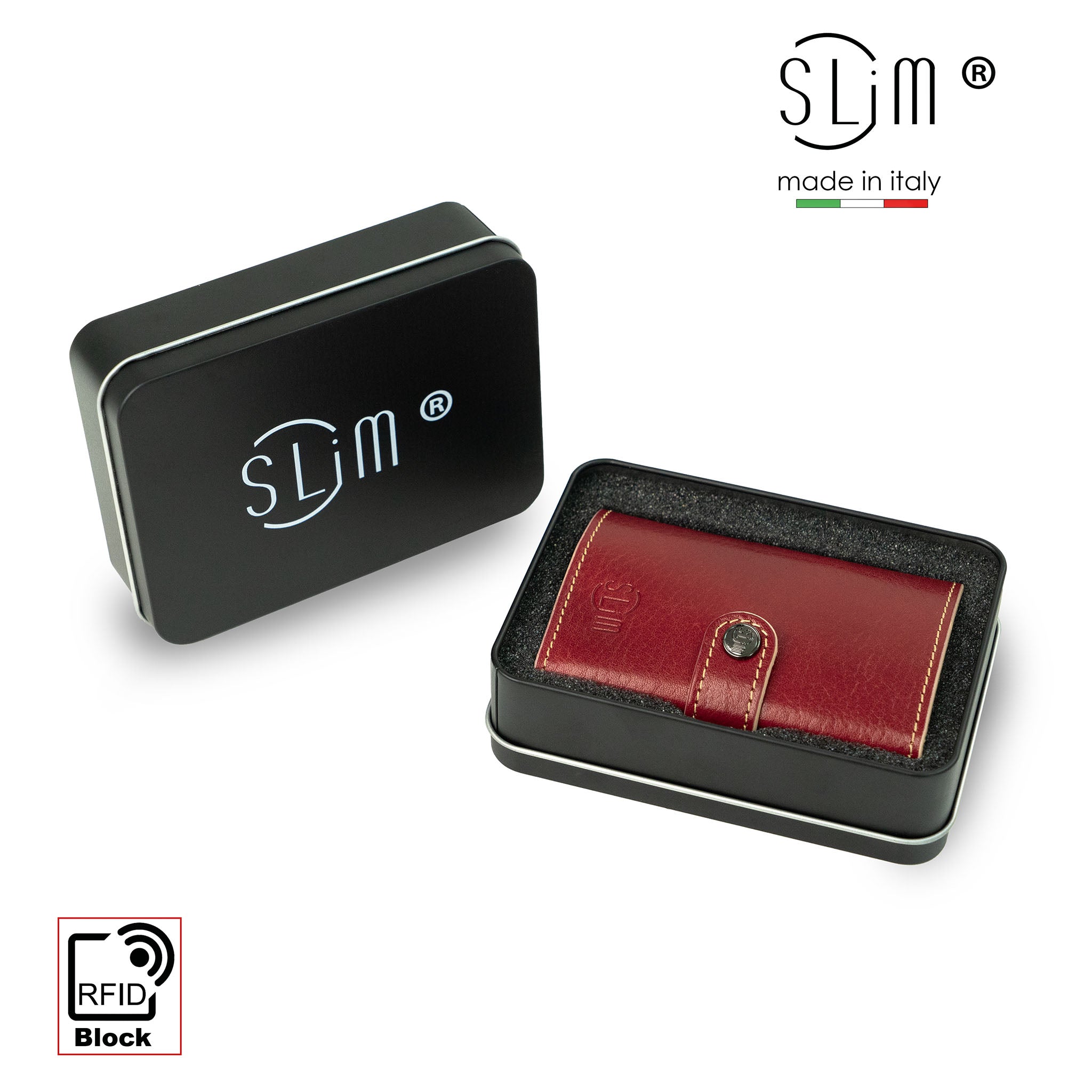 SLim Vera Pelle Portafoglio Rosso Concia Vegetale Zip RFID