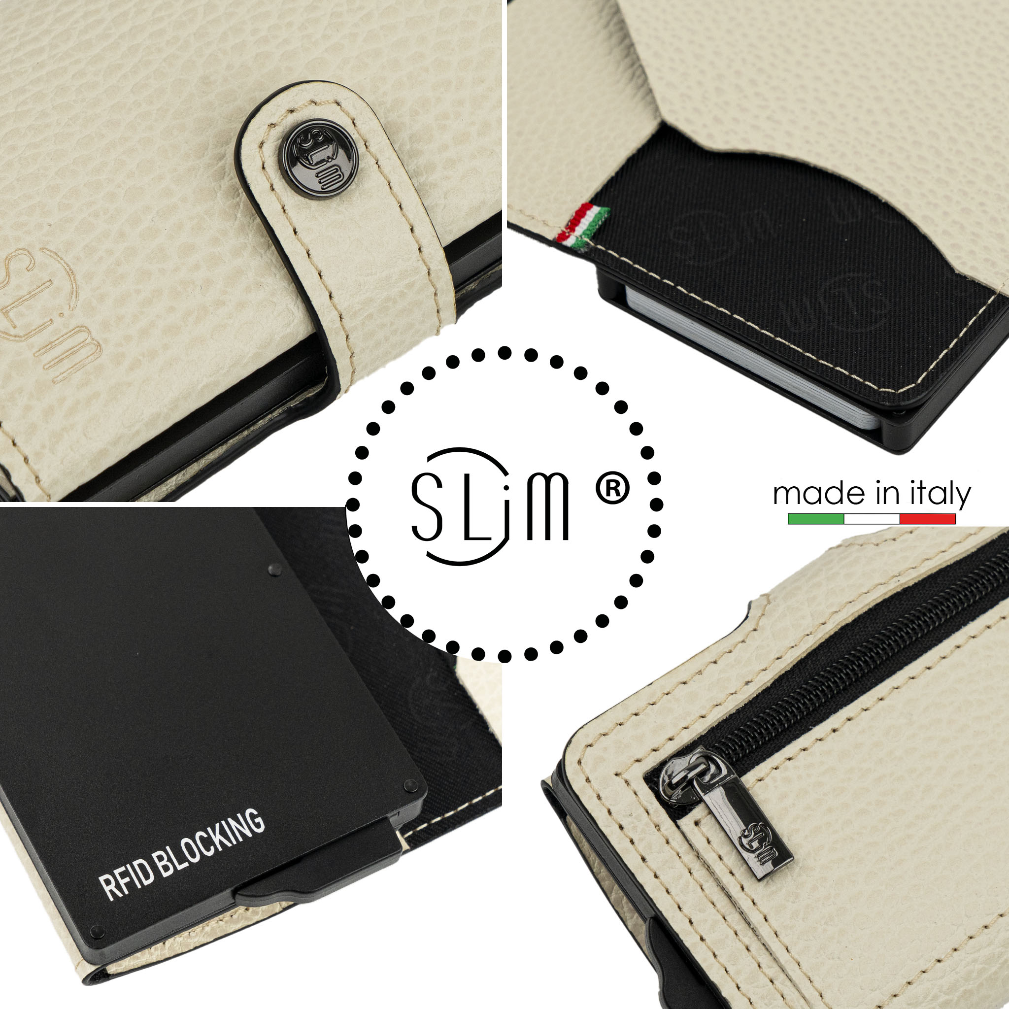 SLim Bottalato Portafoglio Compatto Beige Zip RFID 12 Carte