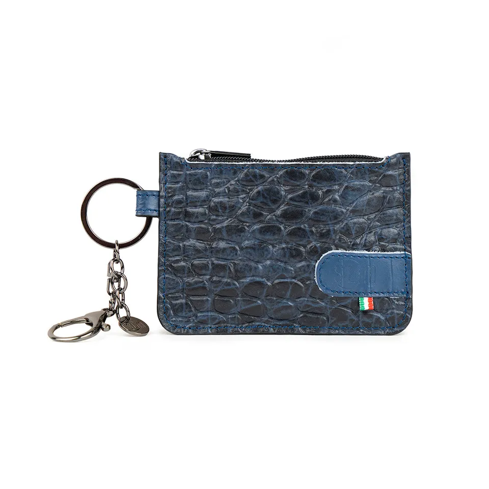 SLim Portachiavi Portamonete Vera Pelle Cocco Blu