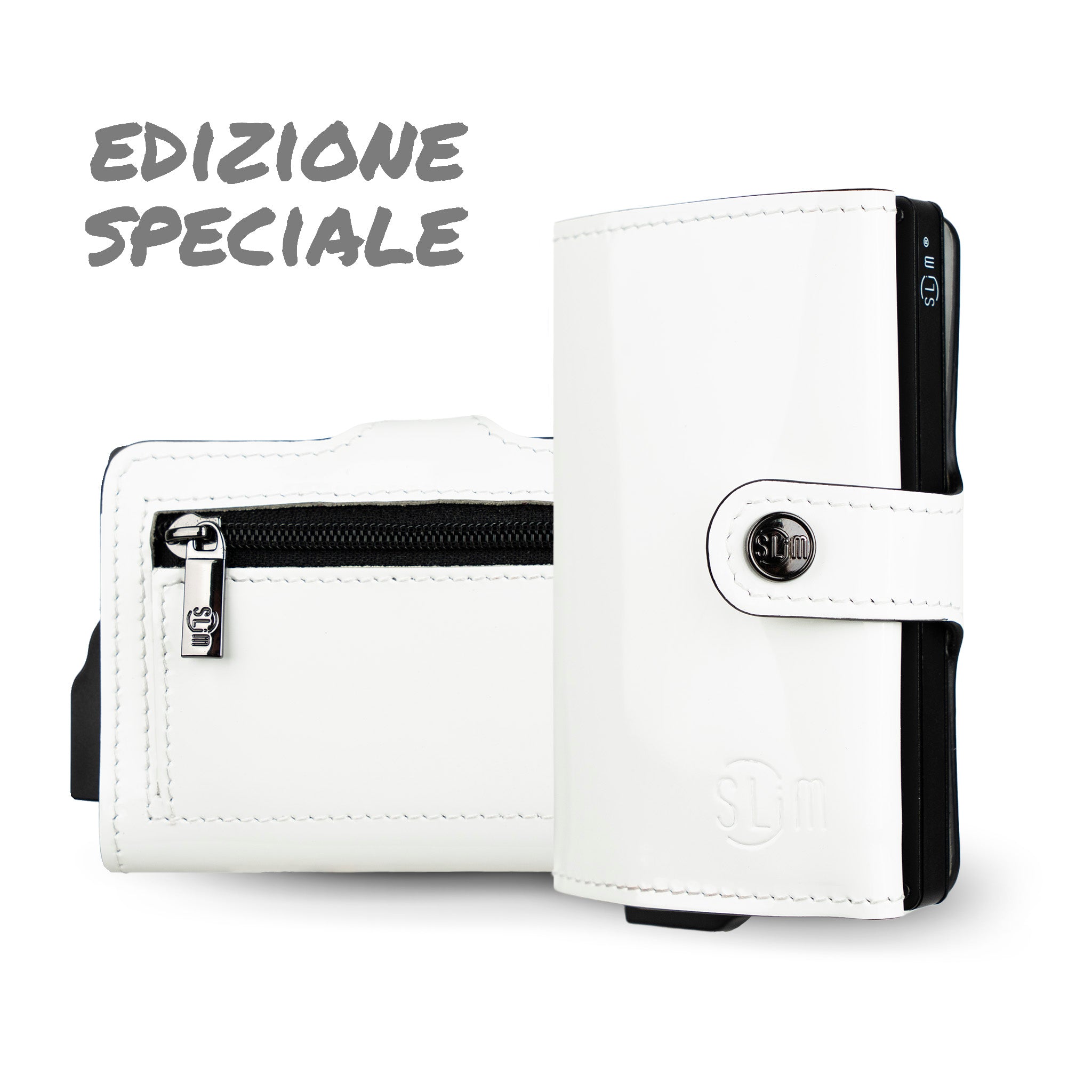 SLim Vera Pelle Porta Carte Bianco Specchio Zip RFID