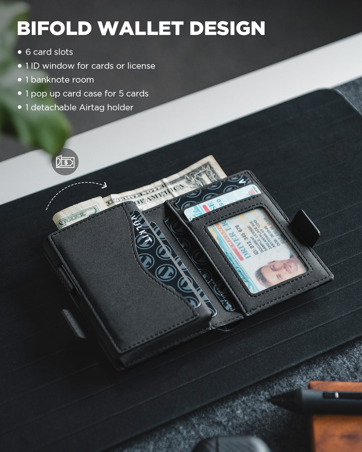 VULKIT VC309 portafoglio compatto nero con porta AirTag RFID