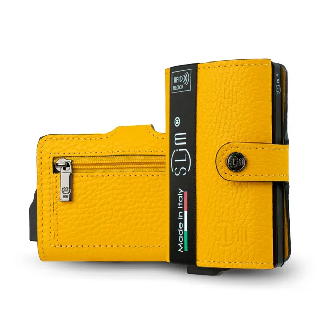 SLim Bottalato portacarte pelle giallo con zip monete RFID