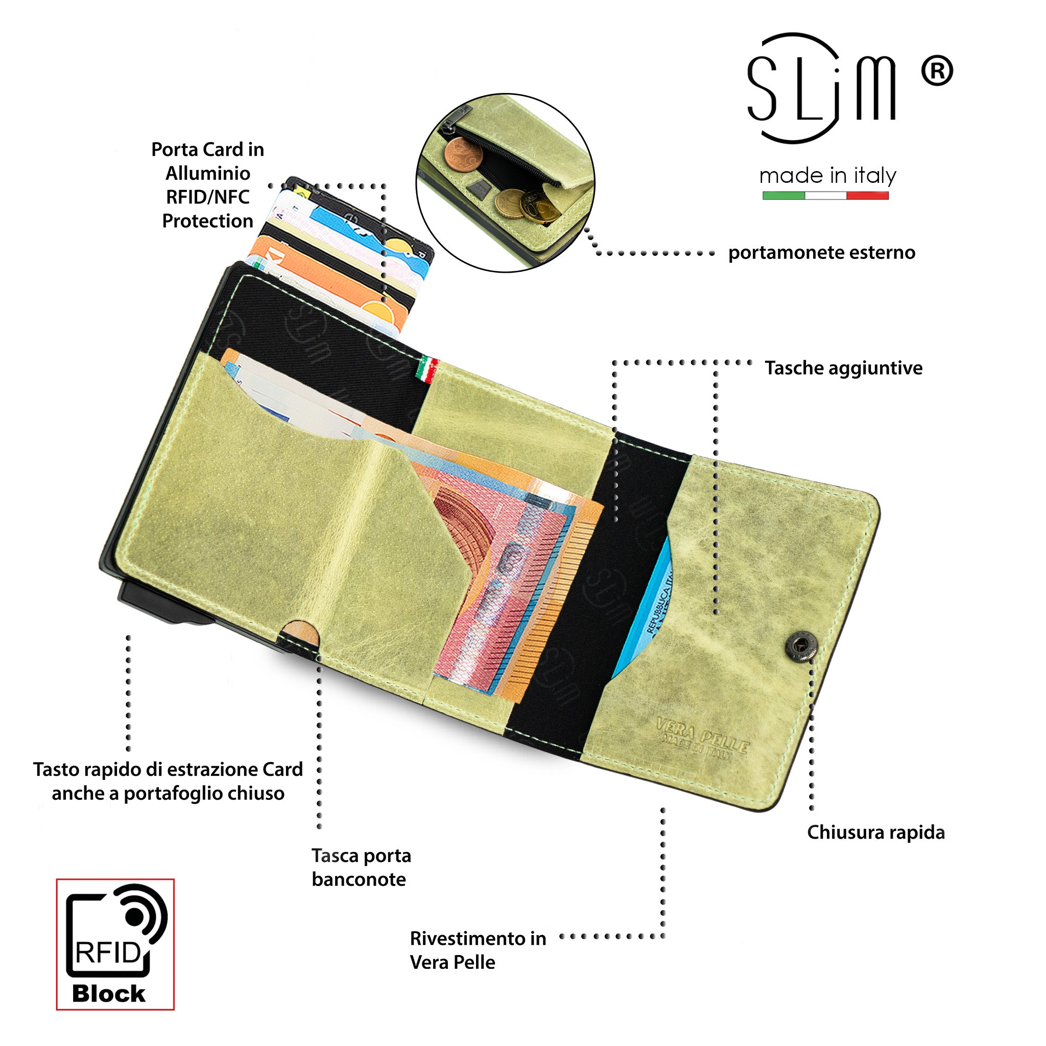 SLim Touch portafoglio pelle pistacchio RFID