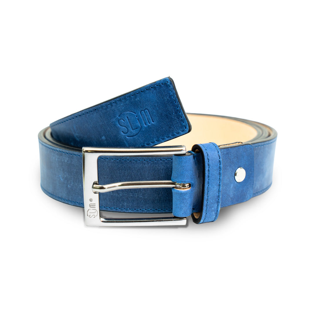 SLim Cinture Cintura Pelle Crazy Horse Blu 35mm