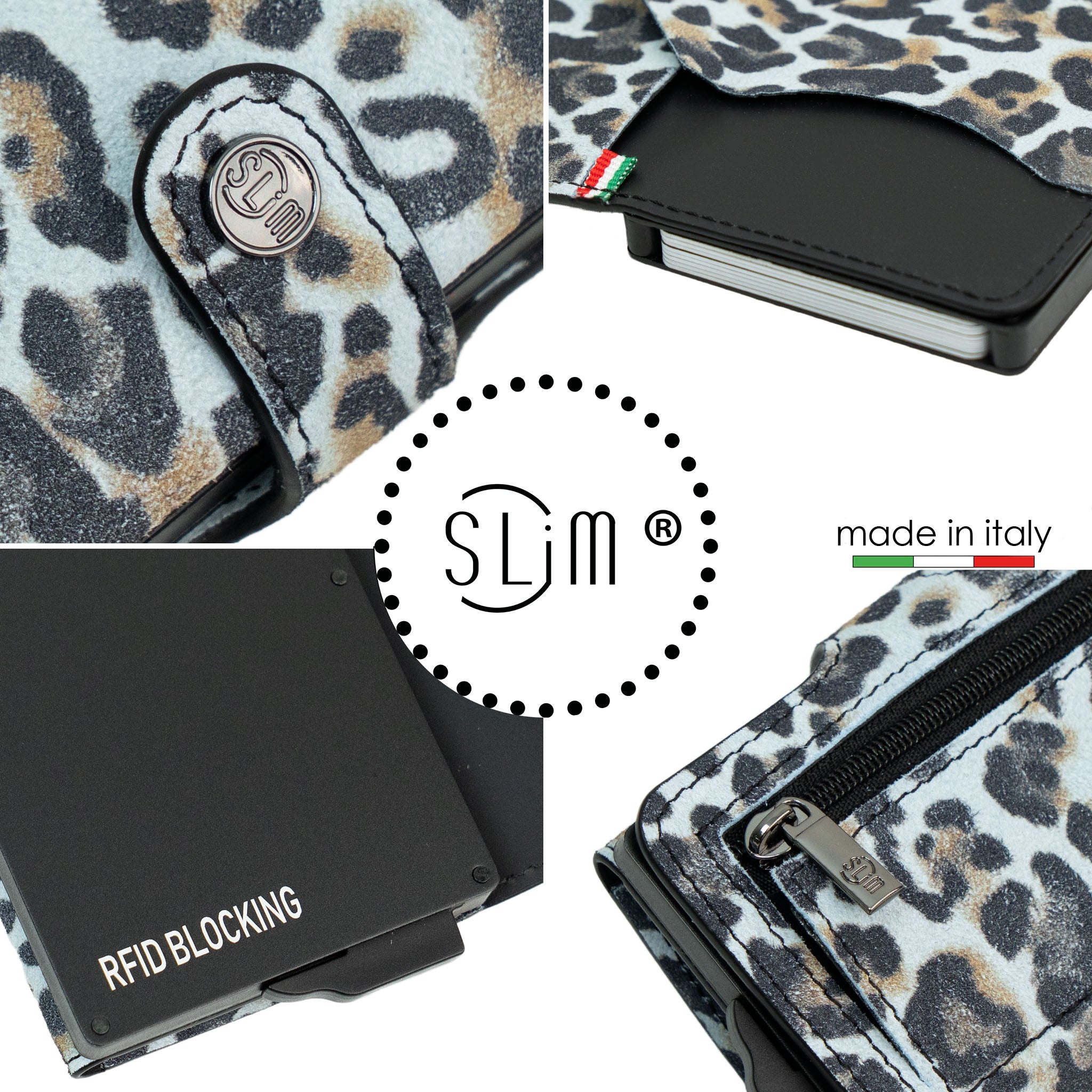 SLim Vera Pelle Animalier Scamosciato Azzurro Portafoglio