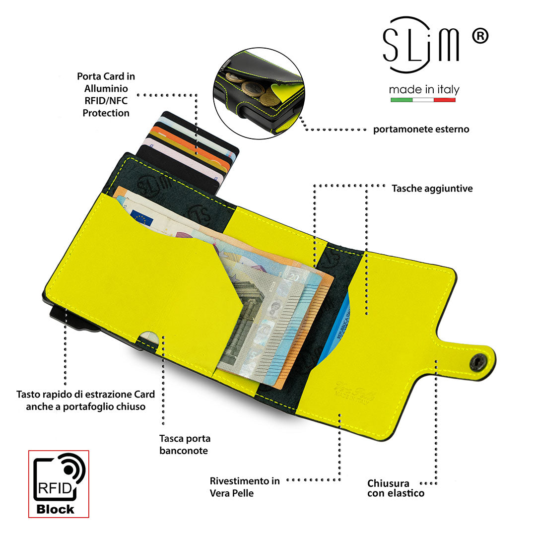 SLim Vera Pelle Nero Lime portacarte zip monete
