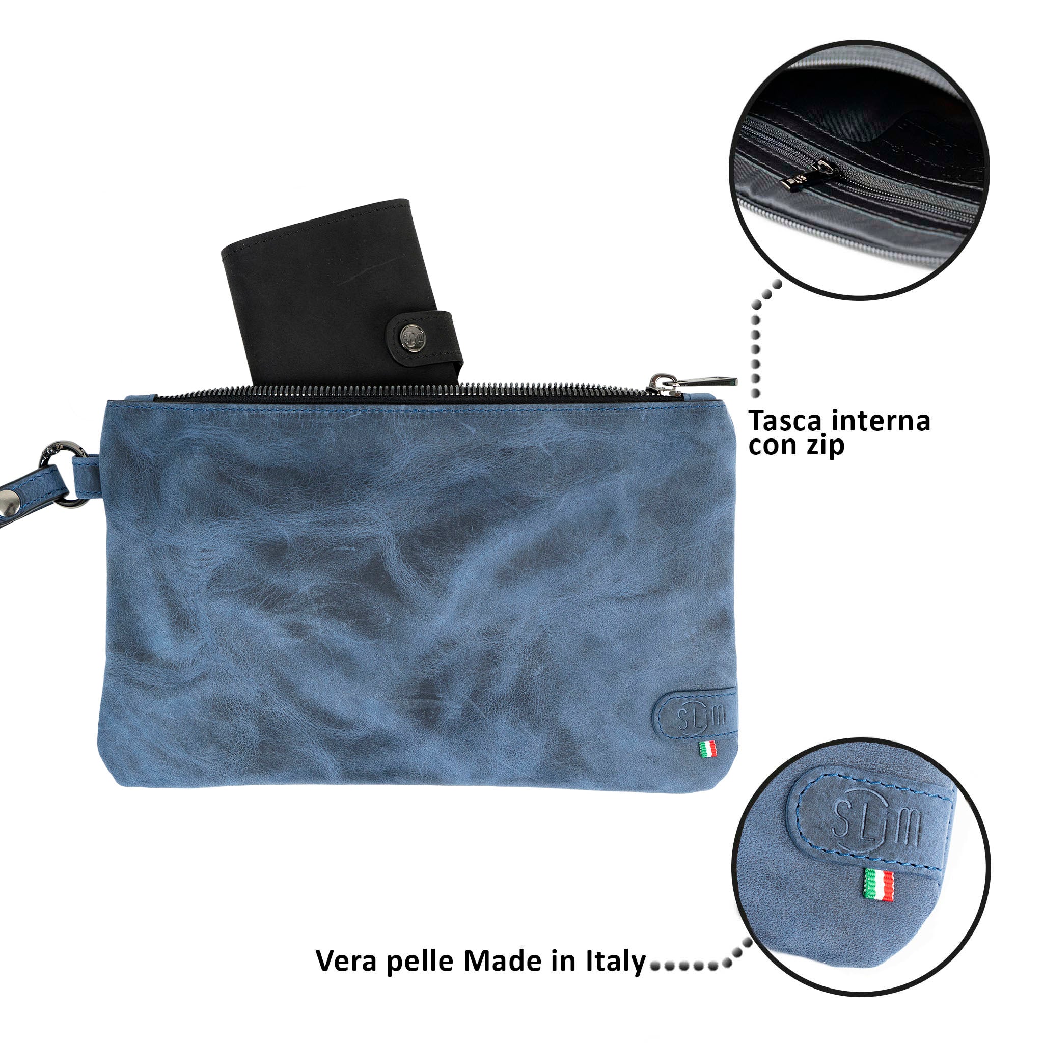 SLim Polsiera pochette blu crazy horse 23x14 cm con zip