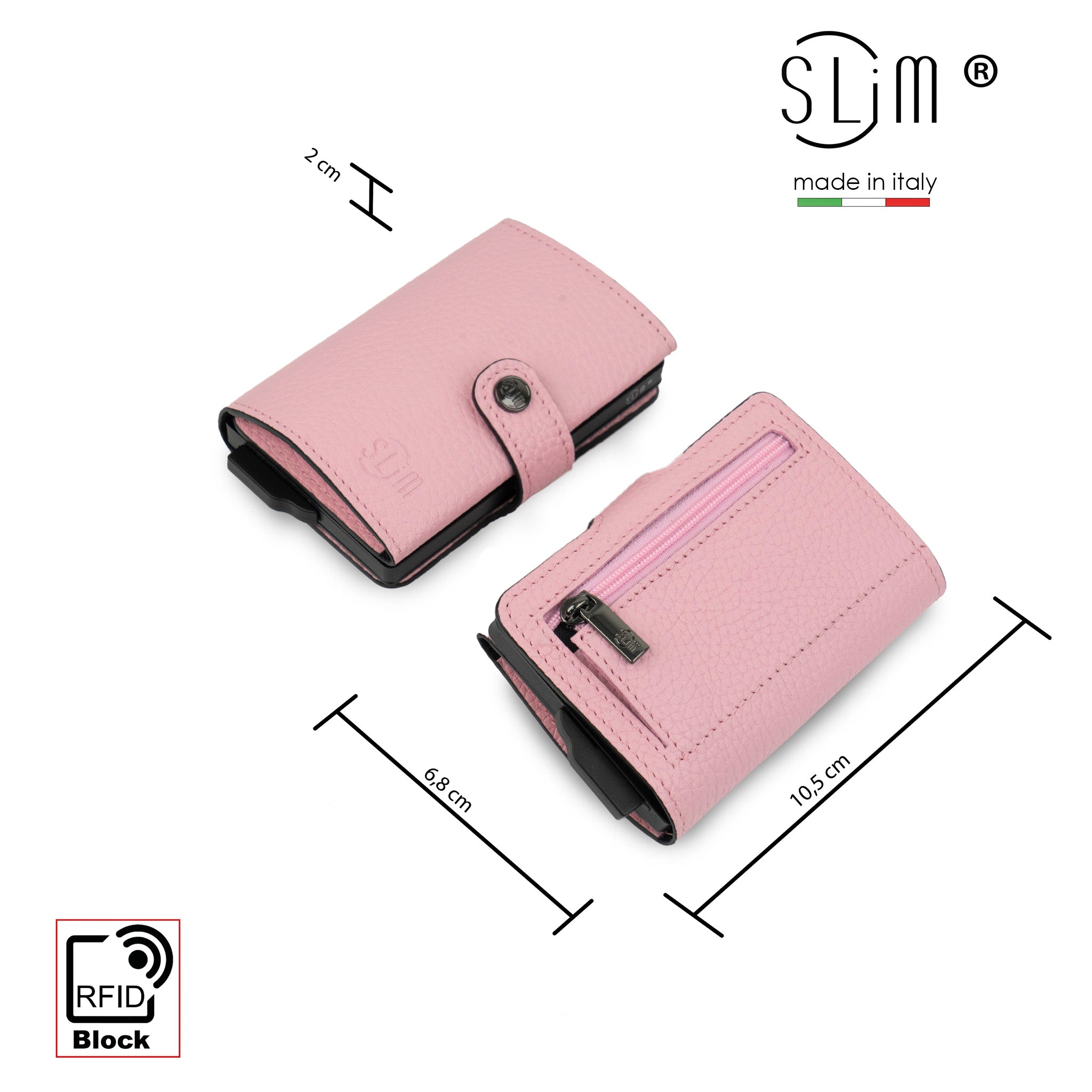 SLim Bottalato Portafoglio Compatto Pelle Rosa con Zip