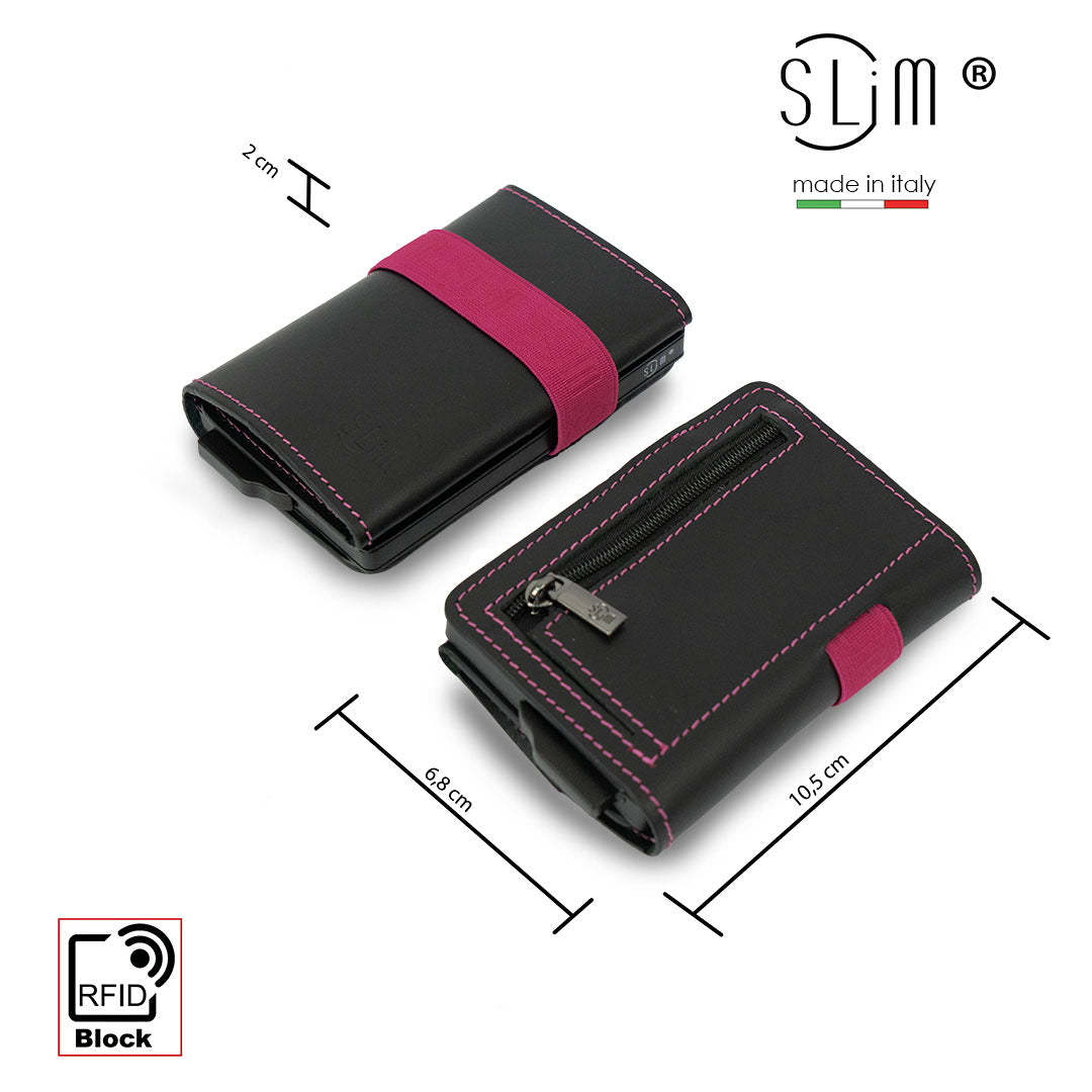 SLim Nero Elastico Fucsia portafoglio zip vera pelle
