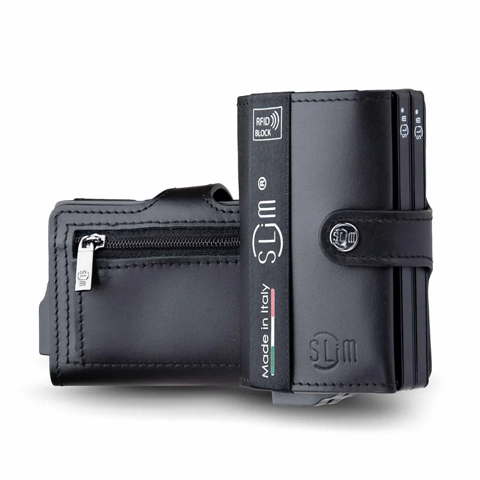 SLim Vera Pelle Portafoglio Doppia Cassa Saffiano Nero