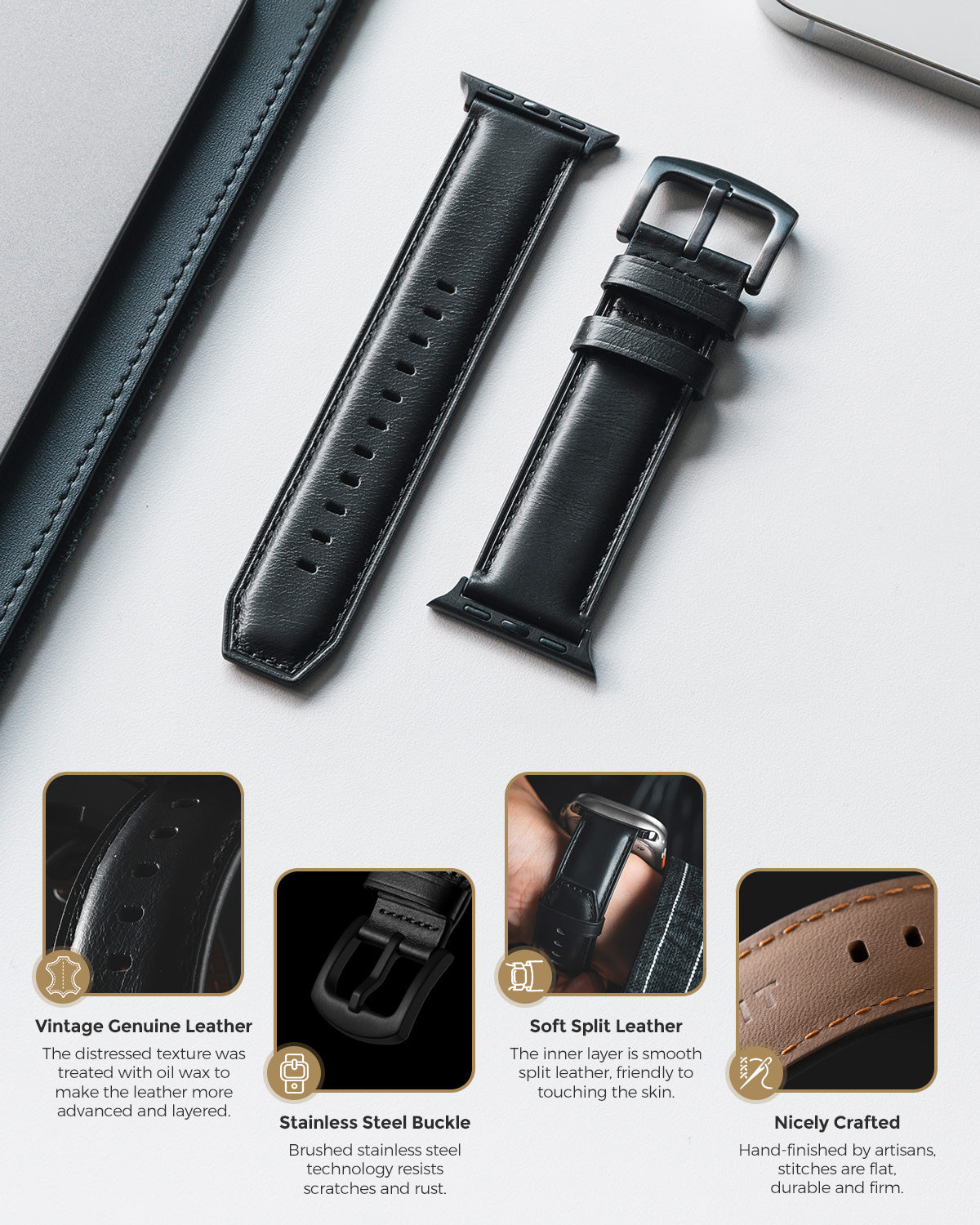 VULKIT Accessories VWB100 Cinturino Pelle Nero 38mm Apple Watch