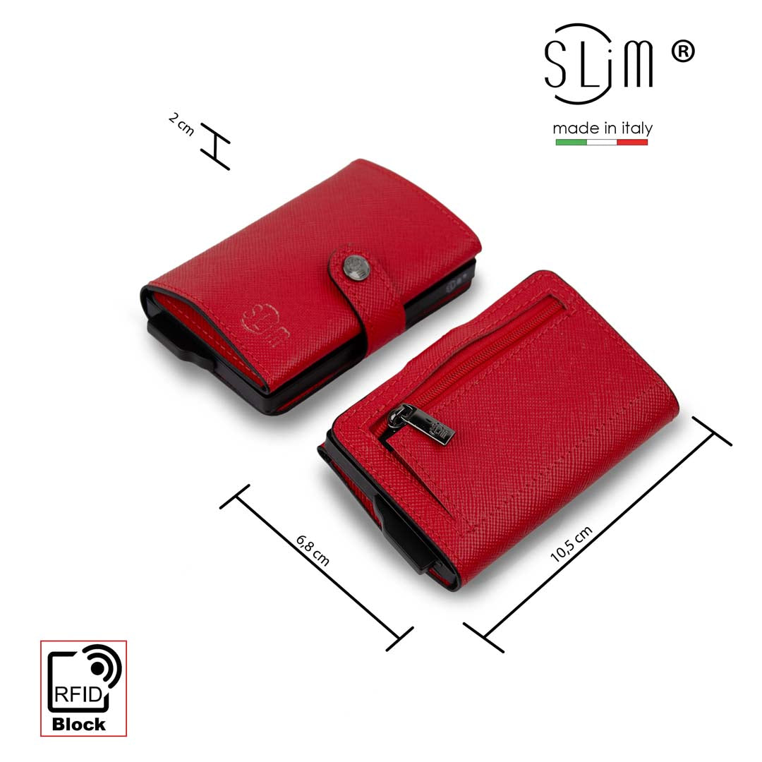 SLim Saffiano Rosso portacarte pelle anti graffio zip