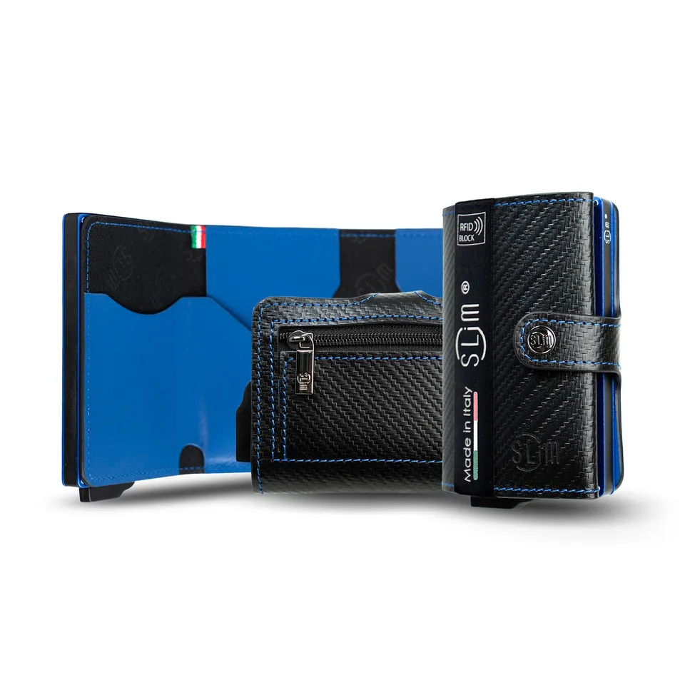 SLim Carbon Style portacarte nero blu zip RFID 12 carte