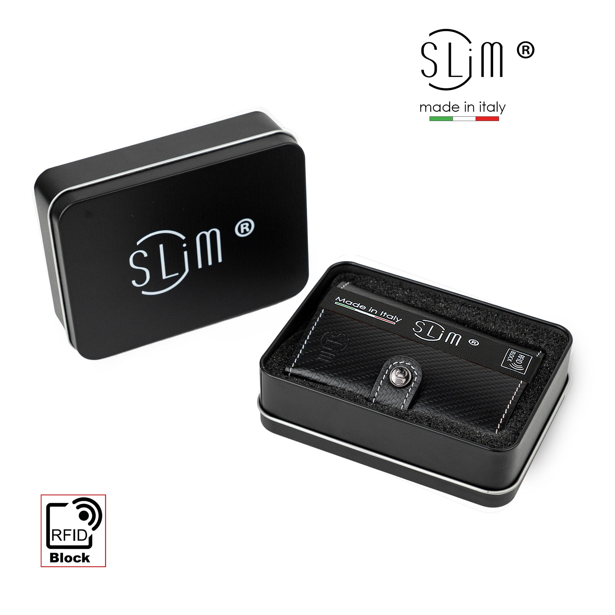 SLim Carbon Nero Bianco portafoglio zip vera pelle