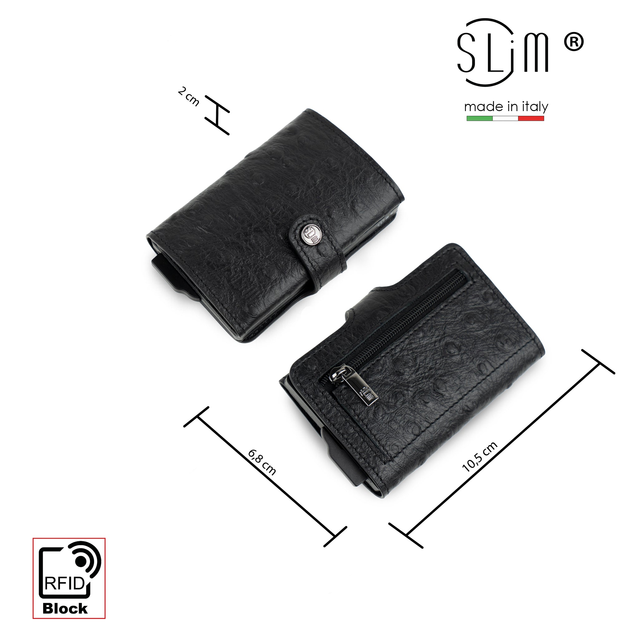 SLim Vera Pelle Portafoglio Nero Stampa Struzzo RFID