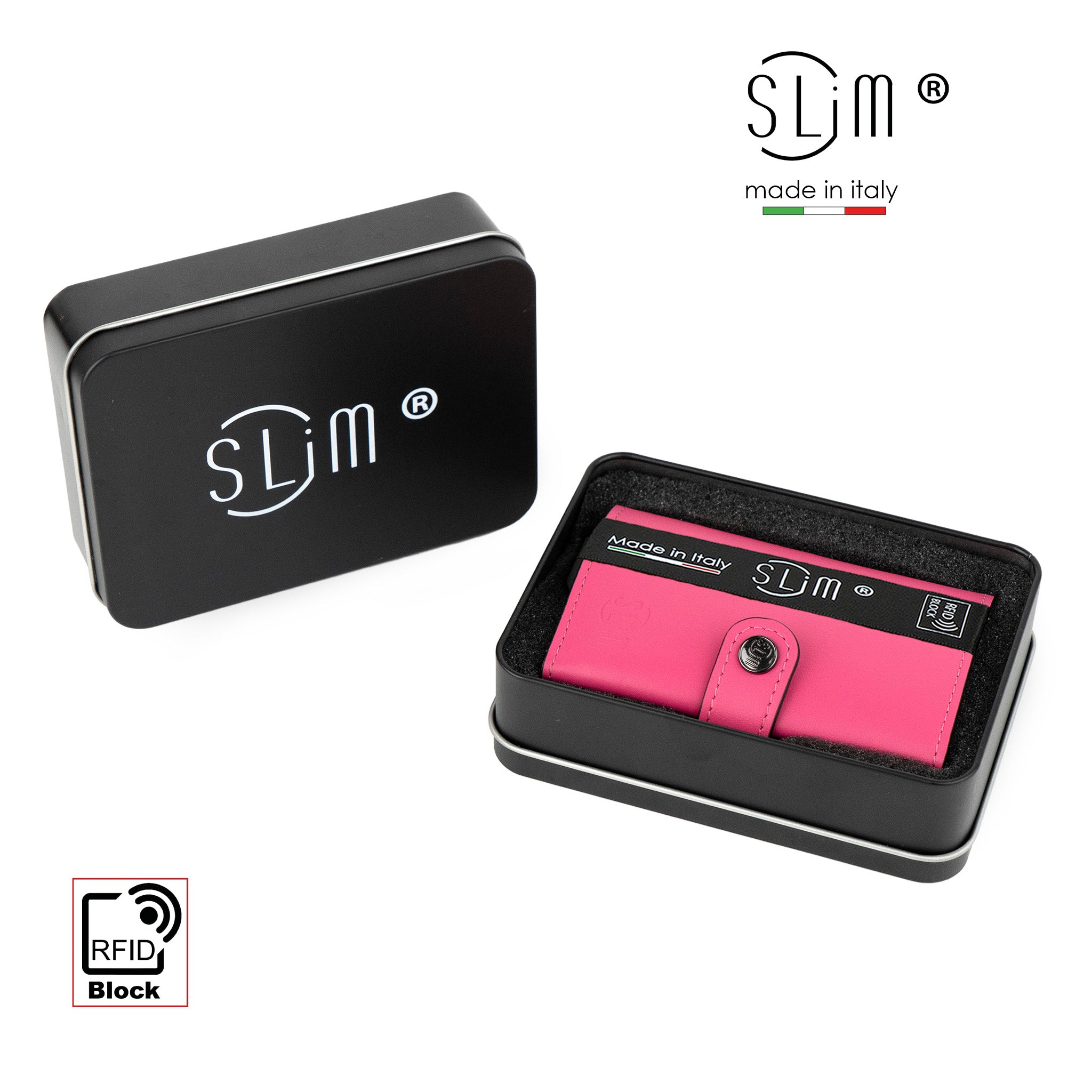SLim Vera Pelle Portacarte Fucsia Azzurro Zip RFID