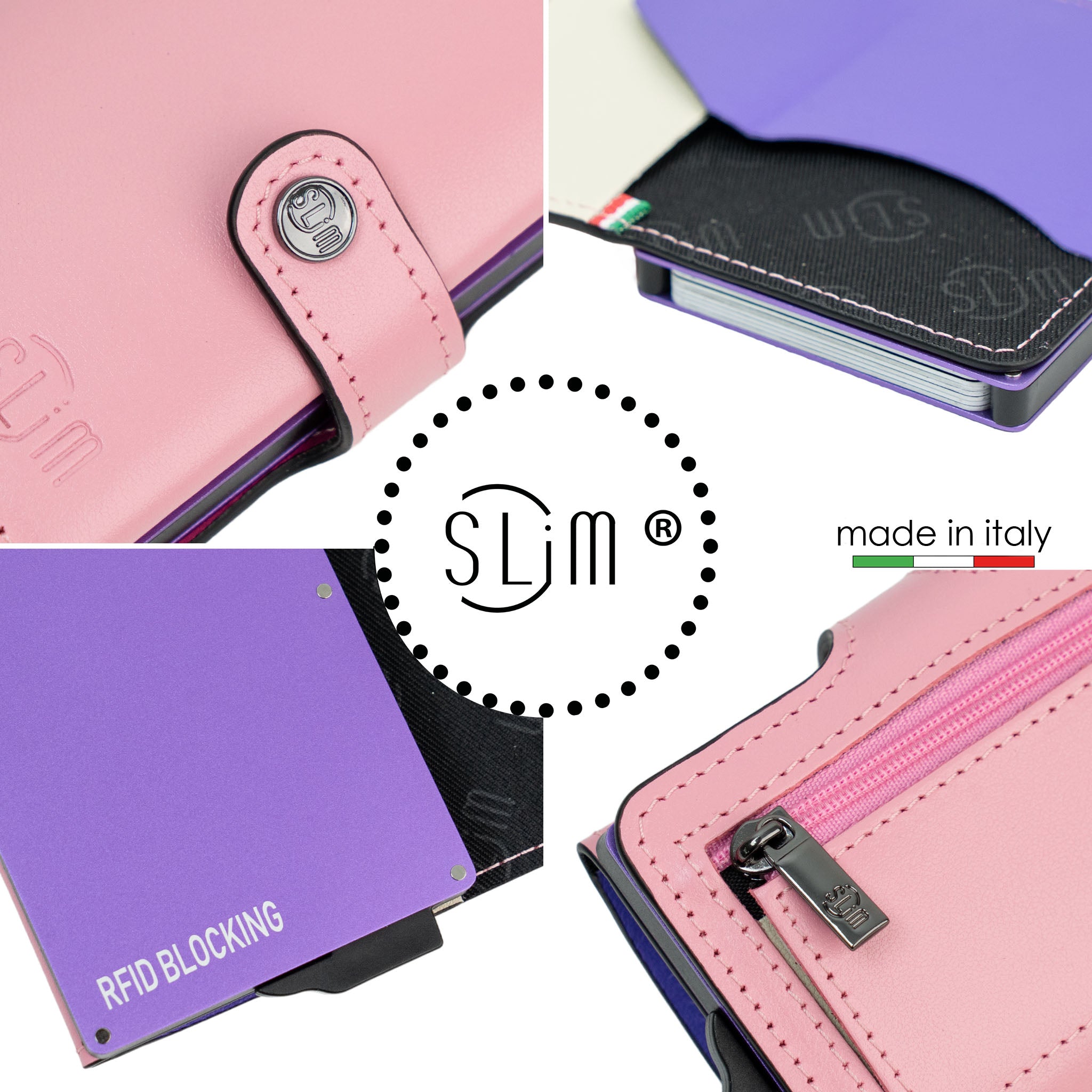 SLim Vera Pelle Portacarte Rosa Multicolor Zip Monete