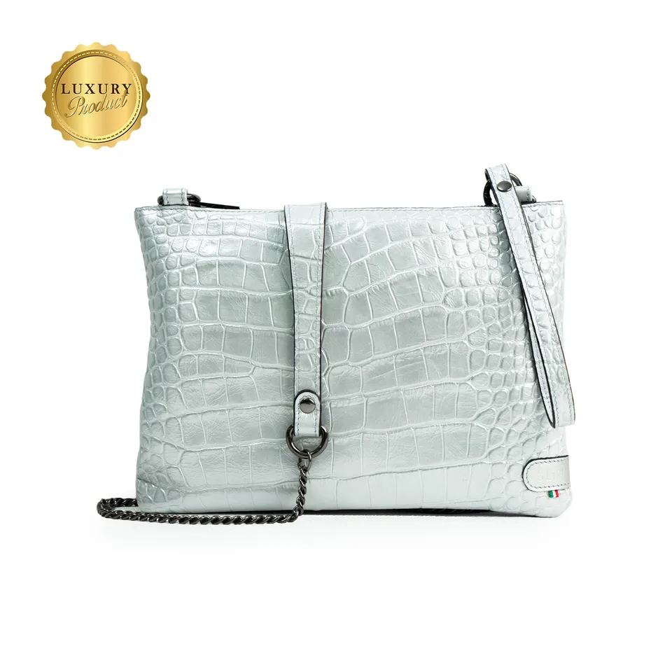 SLim Pochette Tracolla Cocco Argento pelle 23x14 cm