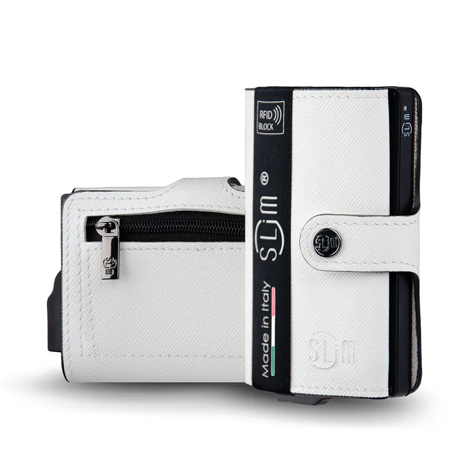 SLim Saffiano portacarte bianco con zip anti graffio RFID