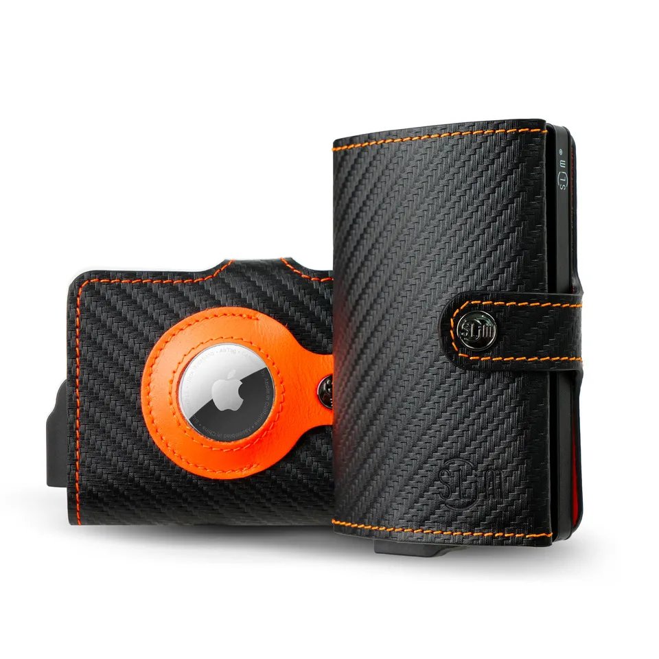 SLim Vera Pelle Carbon portafoglio nero arancio AirTag